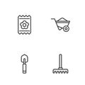 Set line Garden rake, trowel spade or shovel, Pack full of seeds and Wheelbarrow icon. Vector Royalty Free Stock Photo
