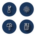 Set line Garden sprayer for water, Sun, Bird house and with long shadow. Blue circle button. Vector Royalty Free Stock Photo