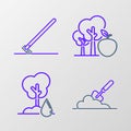 Set line Garden trowel spade or shovel in the ground, Watering Tree, with apple and rake work icon. Vector