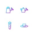 Set line Gardener worker hat, Carrot, Watering can and . Gradient color icons. Vector
