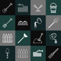 Set line Gardening handmade scissor, Watering can, shovel, Automatic irrigation sprinklers, pitchfork, and icon. Vector
