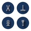 Set line Gardening scissors, rake, Flower and pitchfork with long shadow. Blue circle button. Vector Royalty Free Stock Photo