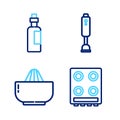 Set line Gas stove, Citrus fruit juicer, Blender and Bottle of olive oil icon. Vector Royalty Free Stock Photo