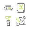 Set line Gaseous, Test tube and flask, Chemistry book and Electronic scales icon. Vector