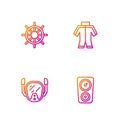Set line Gauge scale, Diving mask, Ship steering wheel and Wetsuit. Gradient color icons. Vector Royalty Free Stock Photo