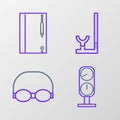 Set line Gauge scale, Glasses and cap for swimming, Snorkel and Underwater note book pencil icon. Vector