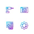 Set line Gear and arrows as workflow, Multimeter, Electric drill machine and House plan. Gradient color icons. Vector