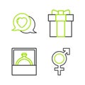 Set line Gender, Diamond engagement ring, Gift box and Heart speech bubble icon. Vector Royalty Free Stock Photo