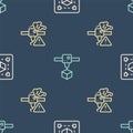 Set line Geometric figure Cube, 3D printer warning and cube on seamless pattern. Vector
