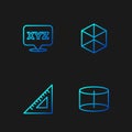 Set line Geometric figure Cylinder, Triangular ruler, XYZ Coordinate system and Cube. Gradient color icons. Vector Royalty Free Stock Photo