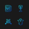 Set line Ghost, Crossed medieval sword, Tarot cards and Medieval goblet. Gradient color icons. Vector