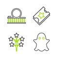 Set line Ghost, Fireworks, Ticket and Roller coaster icon. Vector Royalty Free Stock Photo