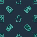 Set line Ghost, Jam jar and Herbarium on seamless pattern. Vector Royalty Free Stock Photo
