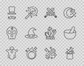 Set line Ghost, Magic hat, Crossed medieval sword, stone ring, Magician, Witch, Old magic key and cauldron icon. Vector