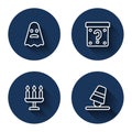 Set line Ghost, Mystery box, Candlestick and Game thimbles with long shadow. Blue circle button. Vector