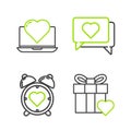 Set line Gift box and heart, Heart in the center alarm clock, Like and Laptop with icon. Vector