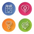 Set line Gift box and heart, Female gender in heart, Female gender symbol and Diamond. Color circle button. Vector