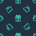 Set line Gift box, Kettle with handle and Coffee pot on seamless pattern. Vector Royalty Free Stock Photo