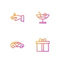 Set line Gift box, Limousine car, Wedding rings on hand and Cocktail. Gradient color icons. Vector