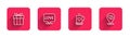 Set line Gift box, Love text, Coffee cup and heart and Location with with long shadow. Red square button. Vector Royalty Free Stock Photo