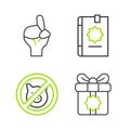 Set line Gift box, No pig, Holy book of Koran and Hands in praying position icon. Vector