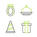 Set line Gift box, Party hat, Christmas covered with tray and wreath icon. Vector