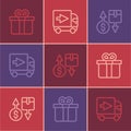 Set line Gift box, Tax cardboard and Delivery cargo truck icon. Vector Royalty Free Stock Photo