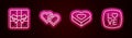 Set line Gift box, Two Linked Hearts, Candy heart shaped and Love text. Glowing neon icon. Vector Royalty Free Stock Photo