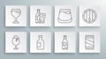 Set line Glass of beer, Beer bottle and glass, vodka, can, whiskey, Wooden barrel and Wine icon. Vector Royalty Free Stock Photo