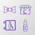 Set line Glass bottle with a pipette, Barbershop razor, building and Bow tie icon. Vector