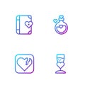 Set line Glass of champagne, Broken heart or divorce, Love diary and Bottle with love potion. Gradient color icons Royalty Free Stock Photo