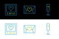 Set line Glass of champagne, Photo frames and hearts and Envelope with Valentine icon. Vector Royalty Free Stock Photo