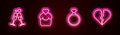 Set line Glass of champagne, Wedding cake, rings and Broken heart or divorce. Glowing neon icon. Vector Royalty Free Stock Photo