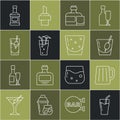 Set line Glass of juice, Wooden beer mug, Cocktail Bloody Mary, Whiskey bottle and glass, and rum icon. Vector Royalty Free Stock Photo