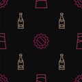 Set line Glass of vodka, Champagne bottle and Bottle cap on seamless pattern. Vector Royalty Free Stock Photo