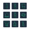 Set line Glass with water, Big bottle clean, Test tube drop, Bottle of, Water, and Recycle aqua icon. Vector Royalty Free Stock Photo