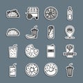 Set line Glass with water, Burrito, Location burger, Pizza, Soda and hotdog, Taco tortilla, and icon. Vector