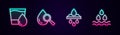 Set line Glass with water, Drop and magnifying glass, Water filter cartridge and drop. Glowing neon icon. Vector Royalty Free Stock Photo