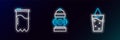 Set line Glass with water, Water filter cartridge and Fire hydrant icon. Glowing neon. Vector Royalty Free Stock Photo