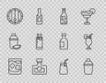 Set line Glass of whiskey, Cocktail shaker, Beer bottle, Alcohol drink Rum, Wooden barrel, Bloody Mary, and icon. Vector Royalty Free Stock Photo