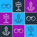 Set line Glasses, Anchor and Road traffic signpost icon. Vector