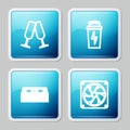 Set line Glasses of champagne, Fitness shaker, Stacks paper money cash and Computer cooler icon. Vector