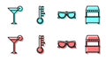 Set line Glasses, Martini glass, Meteorology thermometer and Street stall with awning icon. Vector Royalty Free Stock Photo