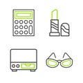 Set line Glasses, Old video cassette player, Lipstick and Calculator icon. Vector