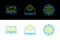 Set line Global technology or social network, Laptop and and gear icon. Vector