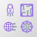 Set line Global technology or social network, Processor and Lock on digital circuit board icon. Vector Royalty Free Stock Photo