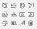 Set line Globe of the Earth and gear, Server with shield, Shield settings, Laptop password, Browser, Hierarchy