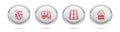 Set line Globe with flying plane, Fuel tanker truck, Airport runway and Cloud rain. Silver circle button. Vector