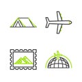 Set line Globe with flying plane, Postal stamp and Egypt pyramids, Plane and Tourist tent icon. Vector