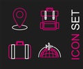 Set line Globe with flying plane, Suitcase for travel, Hiking backpack and Map pin icon. Vector Royalty Free Stock Photo